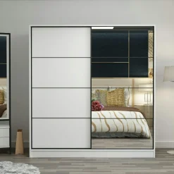 Armoires En Bois|Meubles De Chambre·Dressings|BYRON Armoire blanche 2 portes coulissantes, 1 miroir