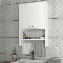 Meubles De Salle De Bains·Rangement Salle De Bains|MARFA Armoire de toilette blanche 2 portes, porte-serviettes