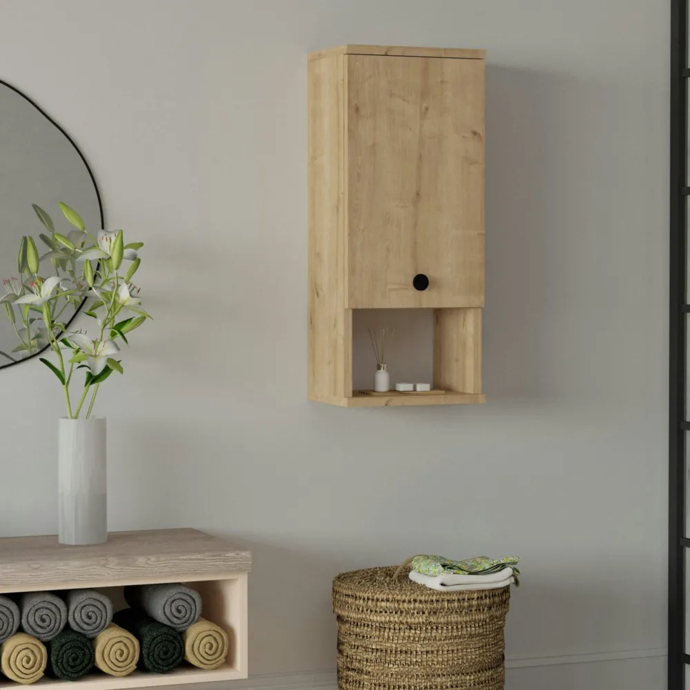 Meubles De Salle De Bains·Rangement Salle De Bains|Meubles De Salon·Etagères Murales|MARFA Armoire de toilette effet bois clair, 1 porte 1 niche