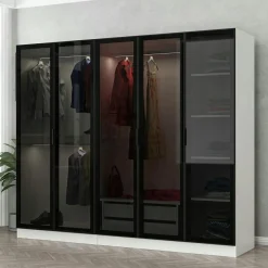 Armoires En Bois|Meubles De Chambre·Dressings|BYRON Armoire dressing design blanc 5 portes verre H 210 cm