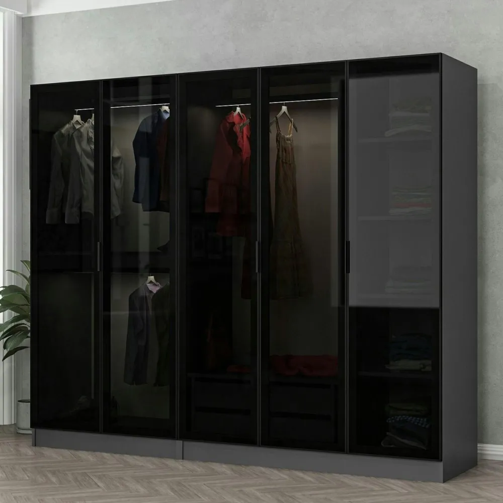 Armoires En Bois|Meubles De Chambre·Dressings|BYRON Armoire dressing design gris 5 portes verre H 190 cm