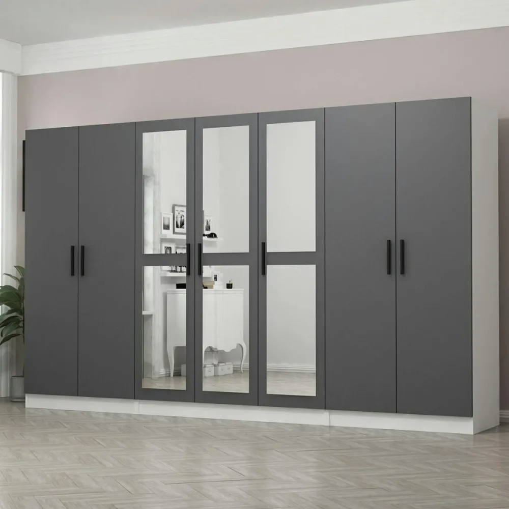 Armoires En Bois|Meubles De Chambre·Dressings|BYRON Armoire dressing grise et blanche 7 portes, 5 penderies