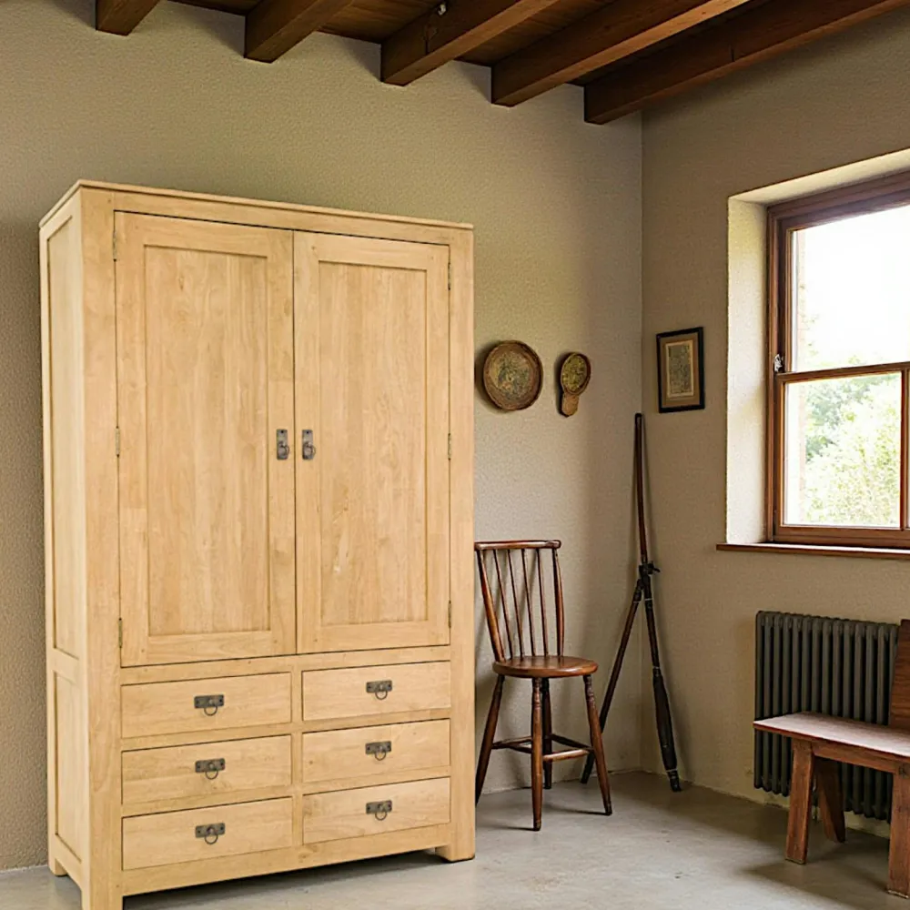 Armoires Vintage|Armoires En Bois|Helena Armoire Hévéa 2 portes, 6 tiroirs 110x43x175cm
