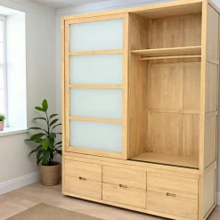 Armoires Vintage|Armoires En Bois|Olga Armoire Hévéa 2 portes coulissantes, 6 tiroirs 55x180x220cm