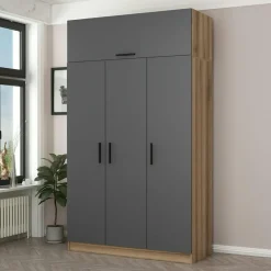 Armoires En Bois|Meubles De Chambre·Dressings|BYRON Armoire penderie 4 portes gris & effet bois, 1 tringle