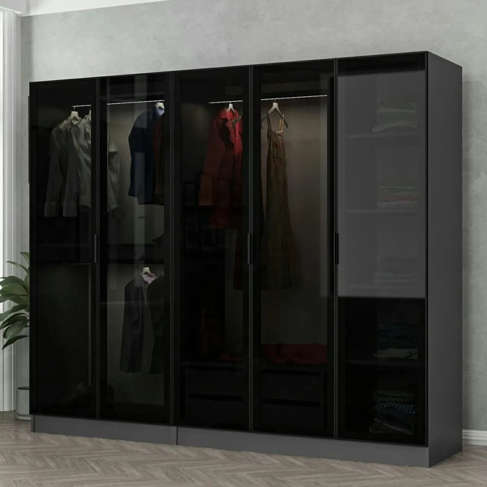 Armoires En Bois|Meubles De Chambre·Dressings|BYRON Armoire penderie 5 portes verre et cadre effet noyer