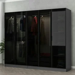 Armoires En Bois|Meubles De Chambre·Dressings|BYRON Armoire penderie 5 portes verre et cadre anthracite