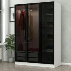 Armoires En Bois|Meubles De Chambre·Dressings|BYRON Armoire penderie blanche 3 portes vitrées H 210 cm