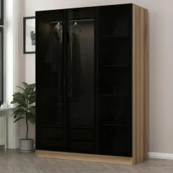 Armoires En Bois|Meubles De Chambre·Dressings|BYRON Armoire penderie blanche 3 portes vitrées H 210 cm