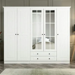 Armoires En Bois|Meubles De Chambre·Dressings|BYRON Armoire penderie blanche à moulures, 5 portes 2 miroirs