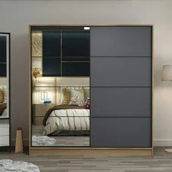 Armoires En Bois|Meubles De Chambre·Dressings|BYRON Armoire penderie chambre, 1 porte grise & miroir H 210 cm