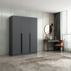 Armoires En Bois|Meubles De Chambre·Dressings|BYRON Armoire penderie design 3 portes grises rainurées