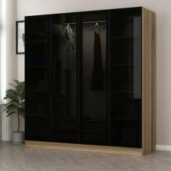 Armoires En Bois|Meubles De Chambre·Dressings|BYRON Armoire penderie design effet bois 4 portes verre H 210 cm