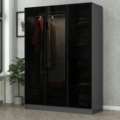 Meubles De Chambre·Dressings|Armoires En Bois|BYRON Armoire penderie design gris foncé, 3 portes vitrées