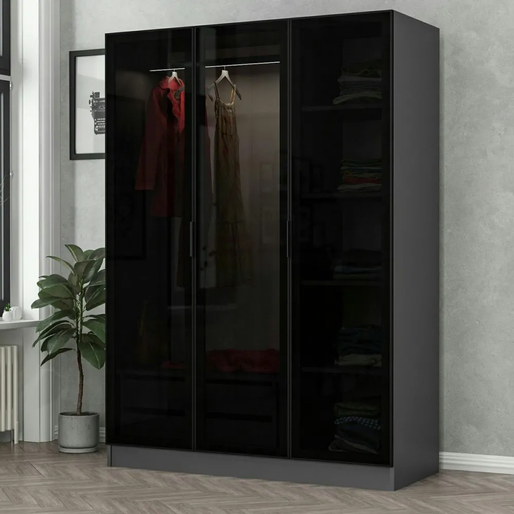 Meubles De Chambre·Dressings|Armoires En Bois|BYRON Armoire penderie design gris foncé, 3 portes vitrées