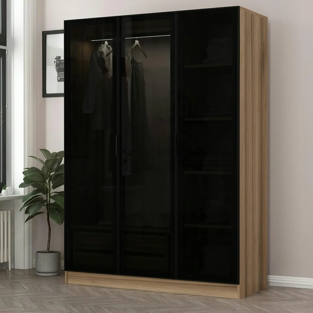 Meubles De Chambre·Dressings|Armoires En Bois|BYRON Armoire penderie design gris foncé, 3 portes vitrées
