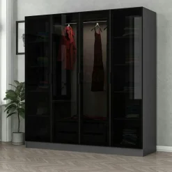 Armoires En Bois|Meubles De Chambre·Dressings|BYRON Armoire penderie design gris 4 portes vitrées H 190 cm