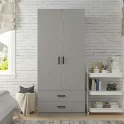 Armoires En Bois|BYRON Armoire penderie grise 2 portes 2 tiroirs 80 cm