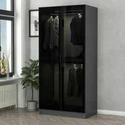 Armoires En Bois|Meubles De Chambre·Dressings|BYRON Armoire penderie grise vitrée - 2 portes H.210 cm