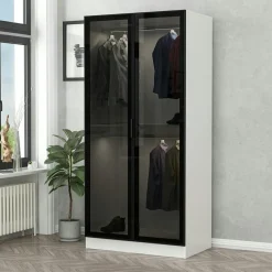 Armoires En Bois|Meubles De Chambre·Dressings|BYRON Armoire penderie grise vitrée - 2 portes H.210 cm