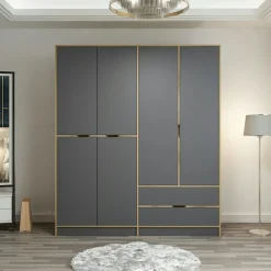 Armoires En Bois|Meubles De Chambre·Dressings|BYRON Armoire penderie moderne - 6 portes grises L.185 cm