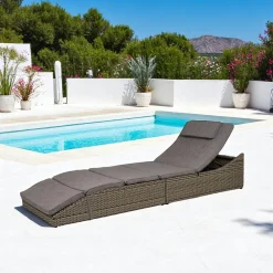 Transats / Bains De Soleil|MENDOZA Bain de soleil inclinable en rotin synthétique gris