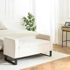 Banquettes Et Loveuses|COLOMBUS Banc coffre arrondi tissu écru déco cosy