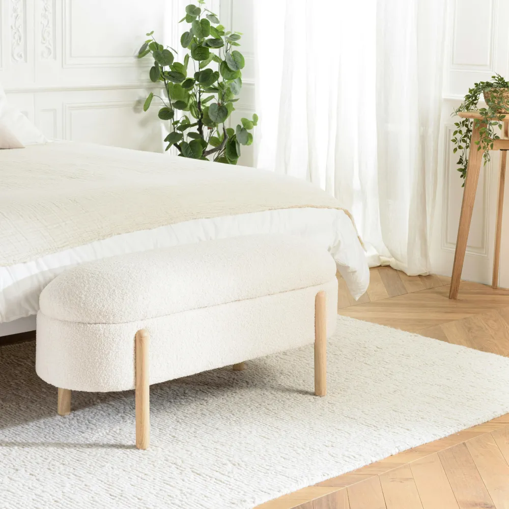 Banquettes Et Loveuses|COLOMBUS Banc forme arrondie avec rangement tissu écru