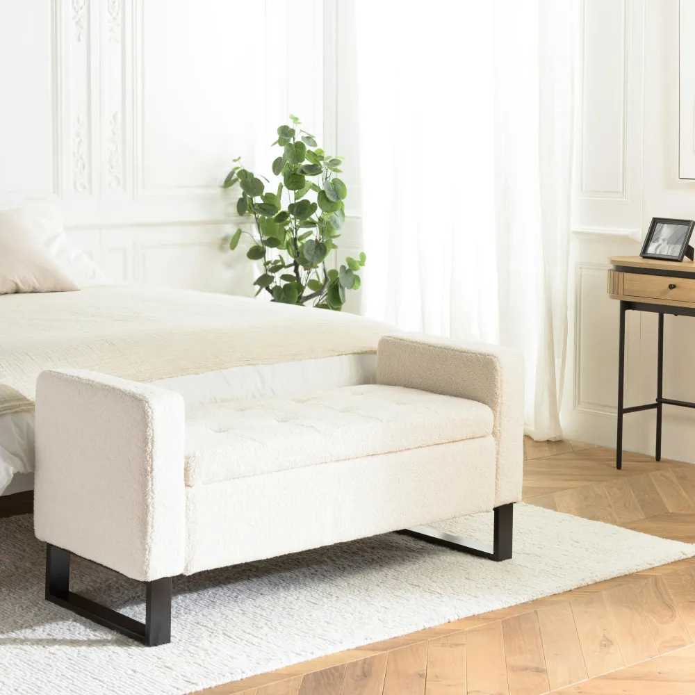 Banquettes Et Loveuses|COLOMBUS Banc forme arrondie avec rangement tissu écru