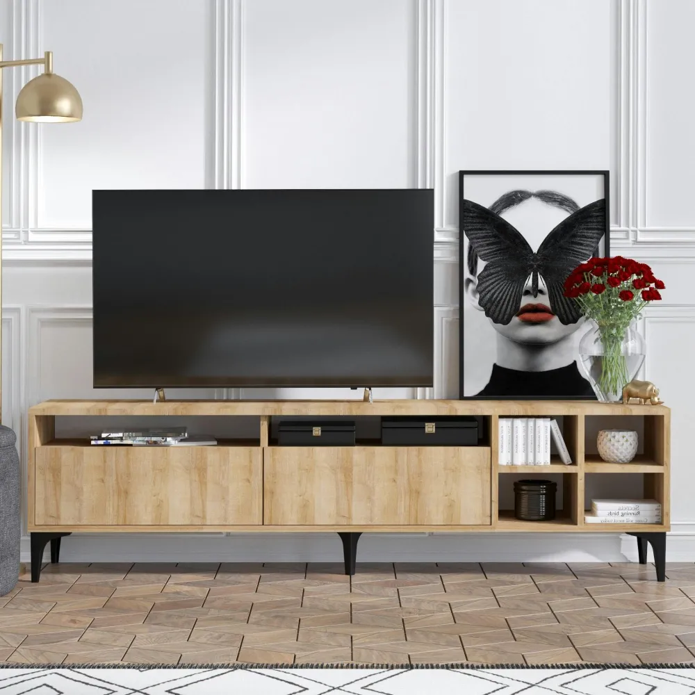 Meubles Tv En Bois|JENA Banc TV avec rangement effet bois clair - 2 portes, 180 cm