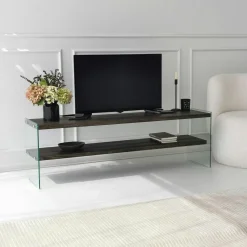 Meubles Tv En Bois|LHASA Banc TV bois anthracite et verre - 2 niveaux, 140 cm