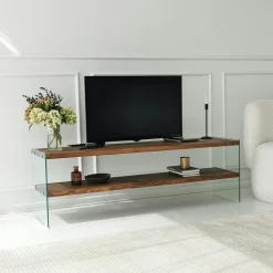 Meubles Tv En Bois|LHASA Banc TV bois anthracite et verre - 2 niveaux, 140 cm