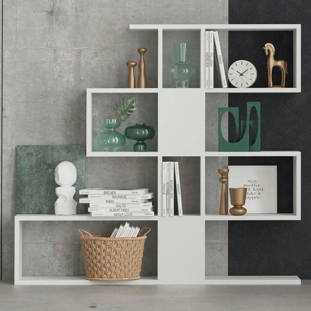 Bibliothèques En Bois|Bibliothèques En Bois|MARFA Bibliothèque blanche et effet noyer avec niches, 120 cm