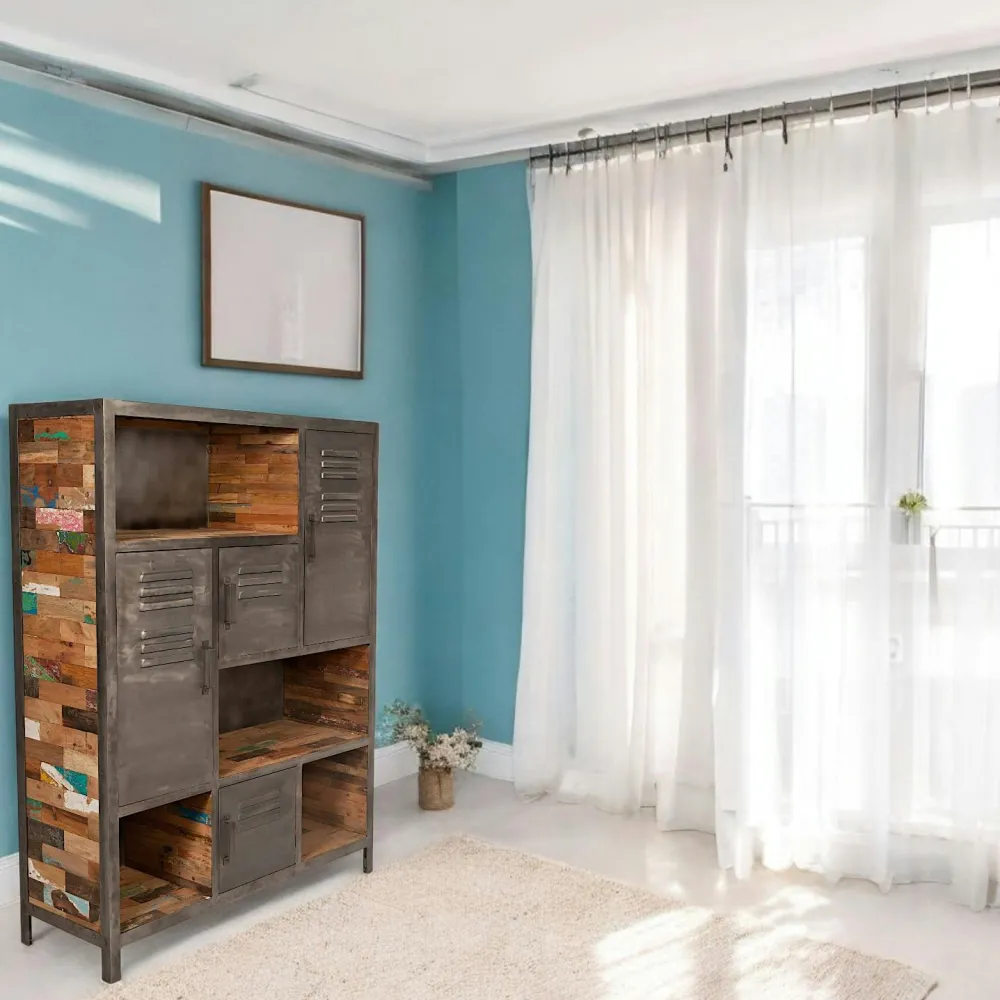 Bibliothèques En Métal|Bibliothèques En Métal|Caravelle Bibliothèque bois recyclé 4 niches et 4 portes métalliques 125x40x160cm