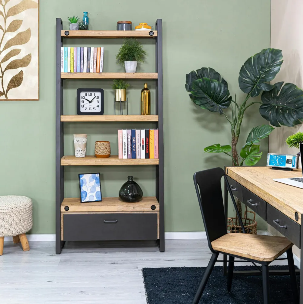 Etagères Industrielle|Brooklyn Bibliothèque Etagère Inspiration Indus' en Acacia et Métal, 5 plateaux et 1 tiroir métal 90x35x195cm