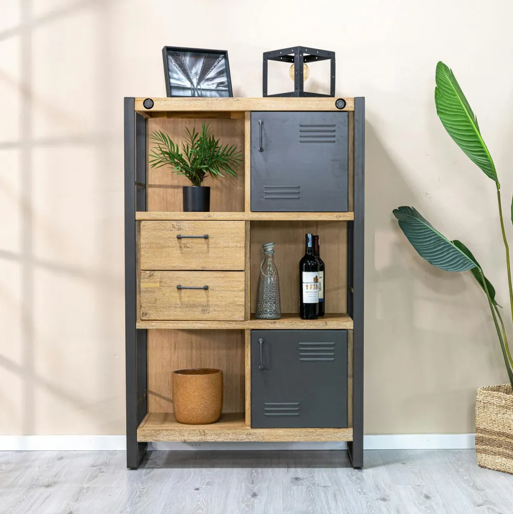 Etagères Industrielle|Brooklyn Bibliothèque Etagère Inspiration Indus' en Acacia et Métal, 5 plateaux et 1 tiroir métal 90x35x195cm