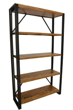 Etagères Industrielle|Docker Bibliothèque hévéa recyclé naturel et métal noirci 4 étagères 122X40X210cm