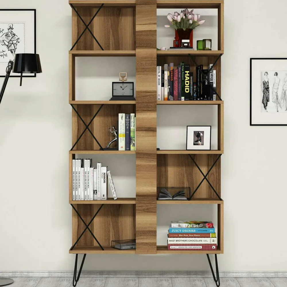 Bibliothèques En Métal|Bibliothèques En Métal|JENA Bibliothèque moderne effet noyer à croisillons noirs