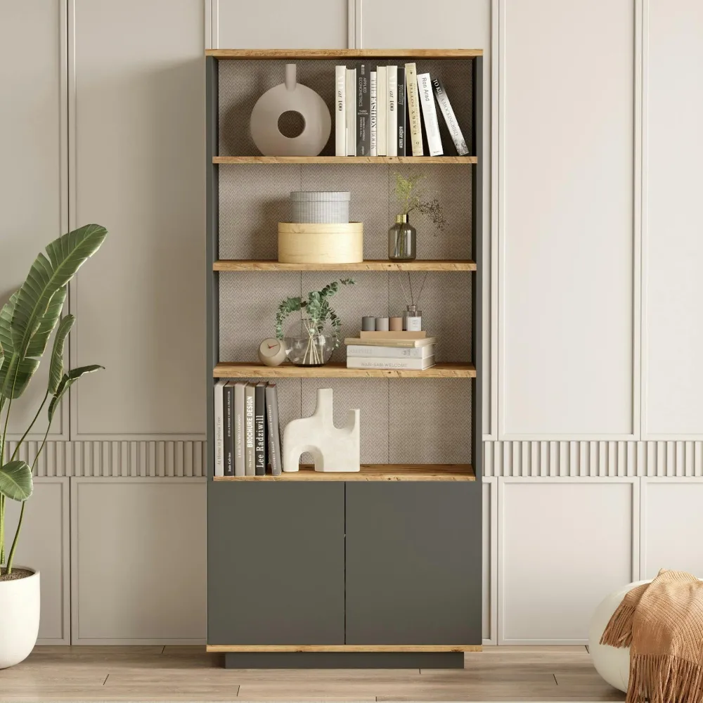 Bibliothèques En Bois|Bibliothèques En Bois|MARFA Bibliothèque moderne grise avec rangement bas fermé