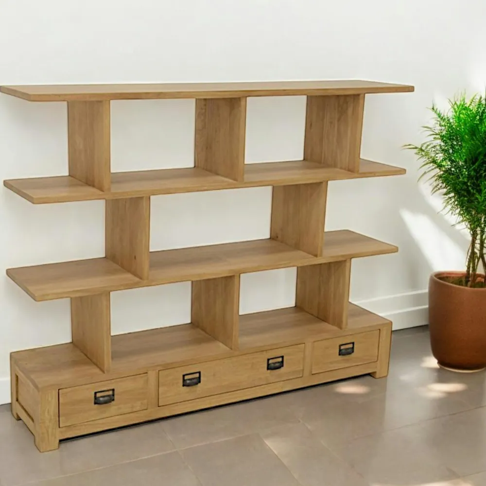 Bibliothèques En Bois|Bibliothèques En Bois|Helena Bibliothèque ouverte Hévéa 3 étagères compartimentées, 3 tiroirs 160x35xH126