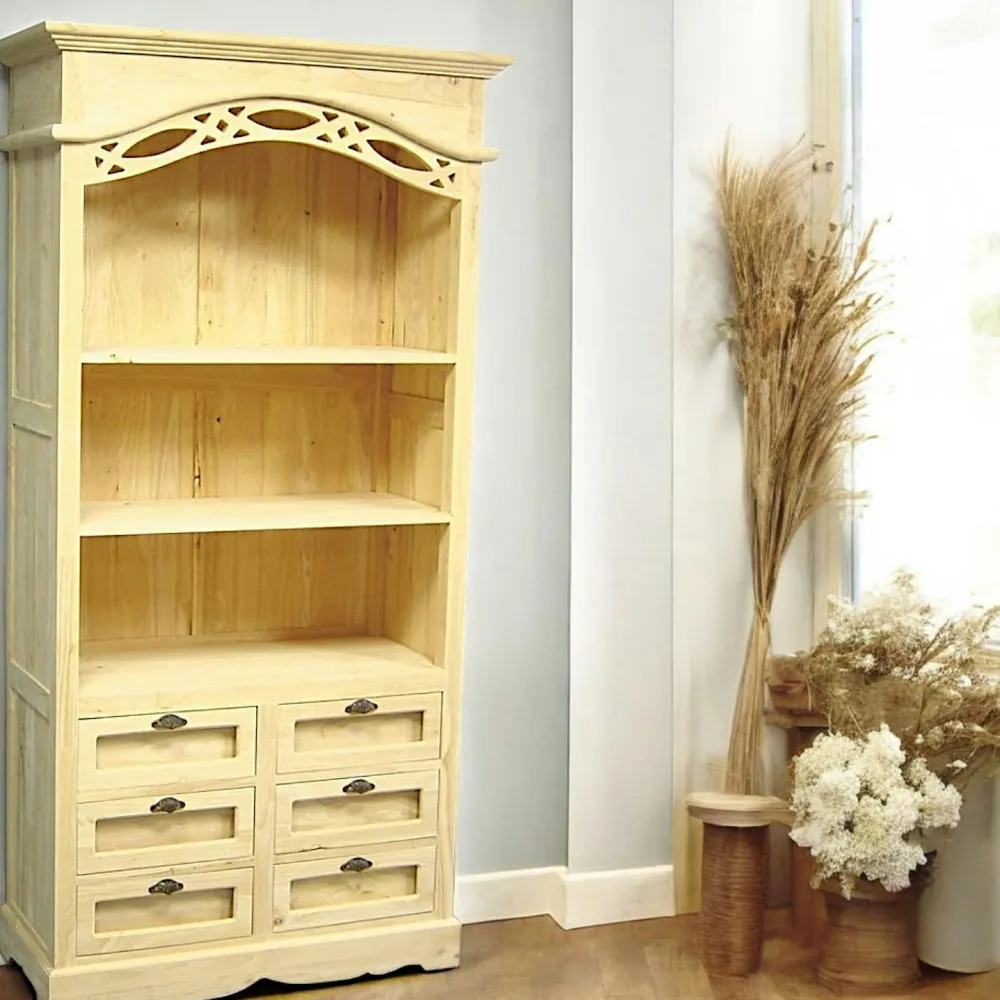 Bibliothèques En Bois|Bibliothèques En Bois|Maori Bibliothèque ouverte Hévéa 6 tiroirs, 3 niches étagères 100x45x196cm