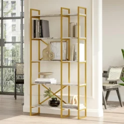 Bibliothèques En Métal|Bibliothèques En Métal|JENA Bibliothèque salon chic effet marbre blanc et métal doré