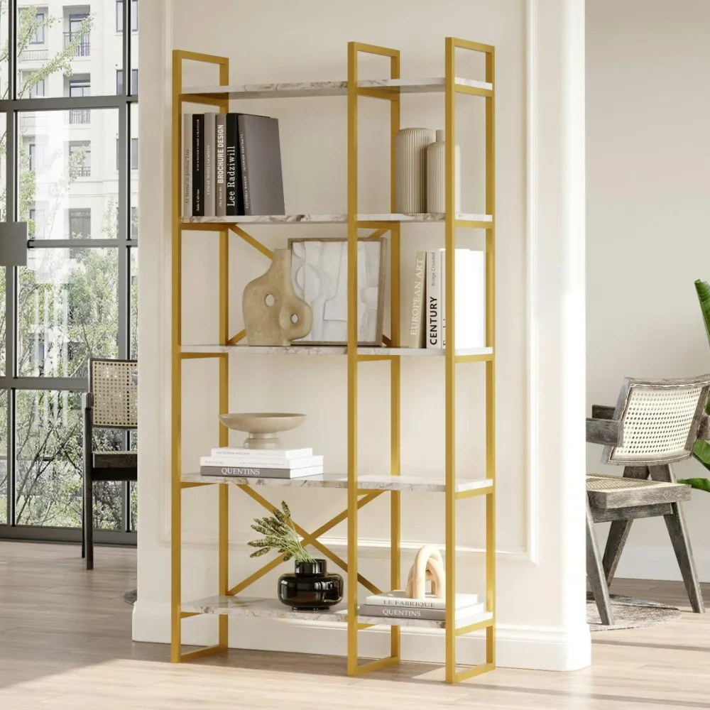 Bibliothèques En Métal|Bibliothèques En Métal|JENA Bibliothèque salon chic effet marbre blanc et métal doré