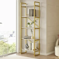 Bibliothèques En Métal|Bibliothèques En Métal|JENA Bibliothèque salon chic effet marbre blanc et métal doré