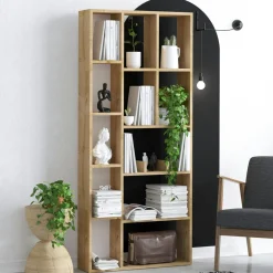 Bibliothèques En Bois|Bibliothèques En Bois|MARFA Bibliothèque salon effet bois clair 12 niches