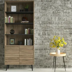 Bibliothèques En Bois|Bibliothèques En Bois|MARFA Bibliothèque salon effet noyer, 2 portes sculptées