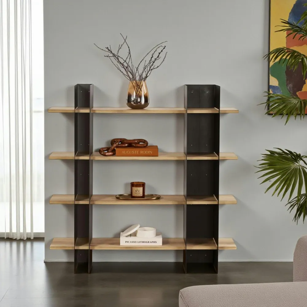 Bibliothèques En Métal|Bibliothèques En Métal|JENA Bibliothèque étagère moderne 4 plateaux - niches taupes