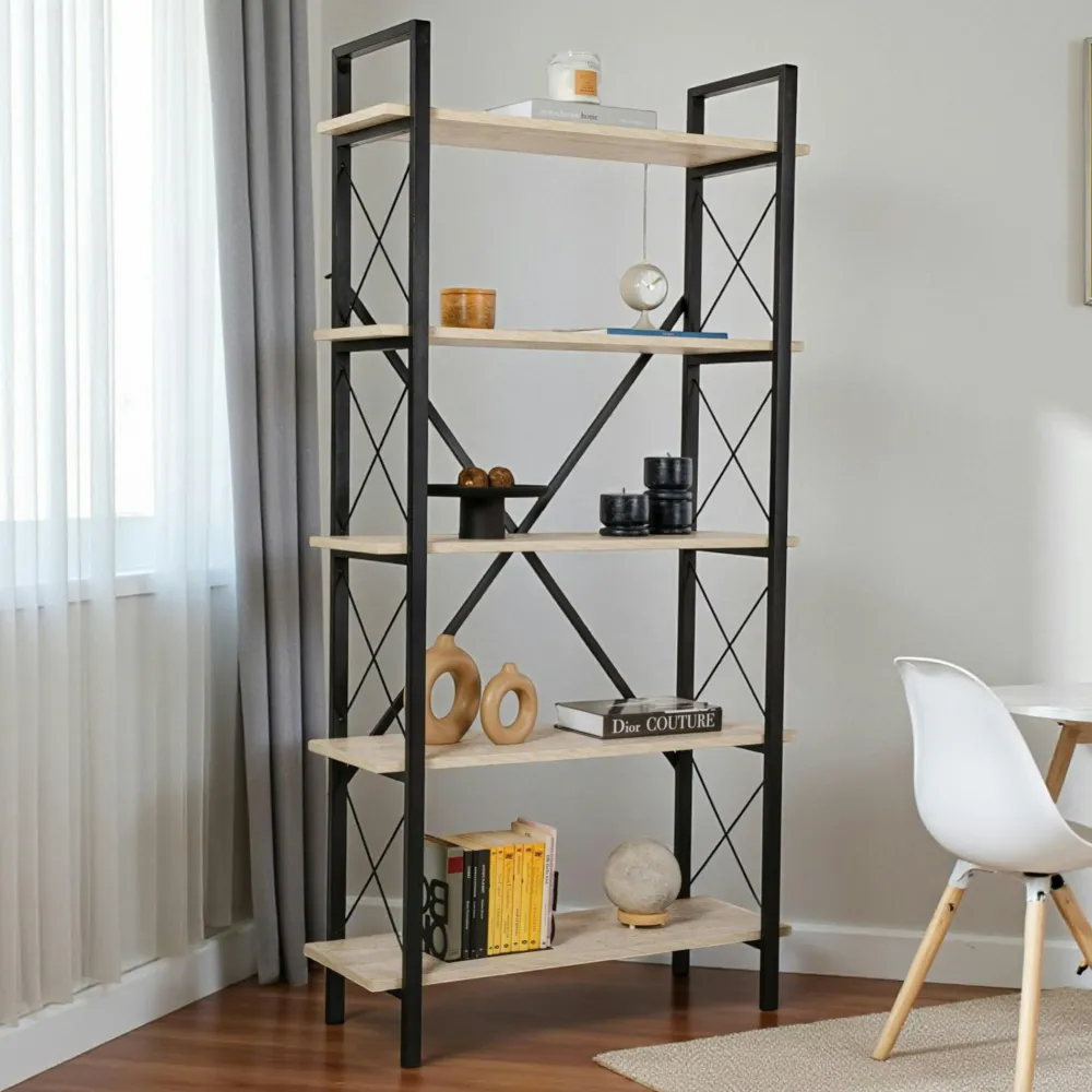 Bibliothèques En Métal|Bibliothèques En Métal|JENA Bibliothèque étagère noire, 5 plateaux effet travertin