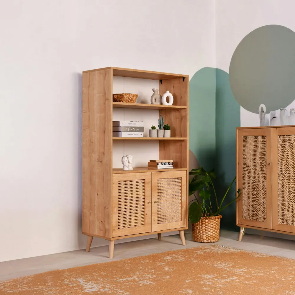 Bibliothèques En Bois|Bibliothèques En Bois|MARFA Bibliothèque vintage effet bois - 2 portes cannage