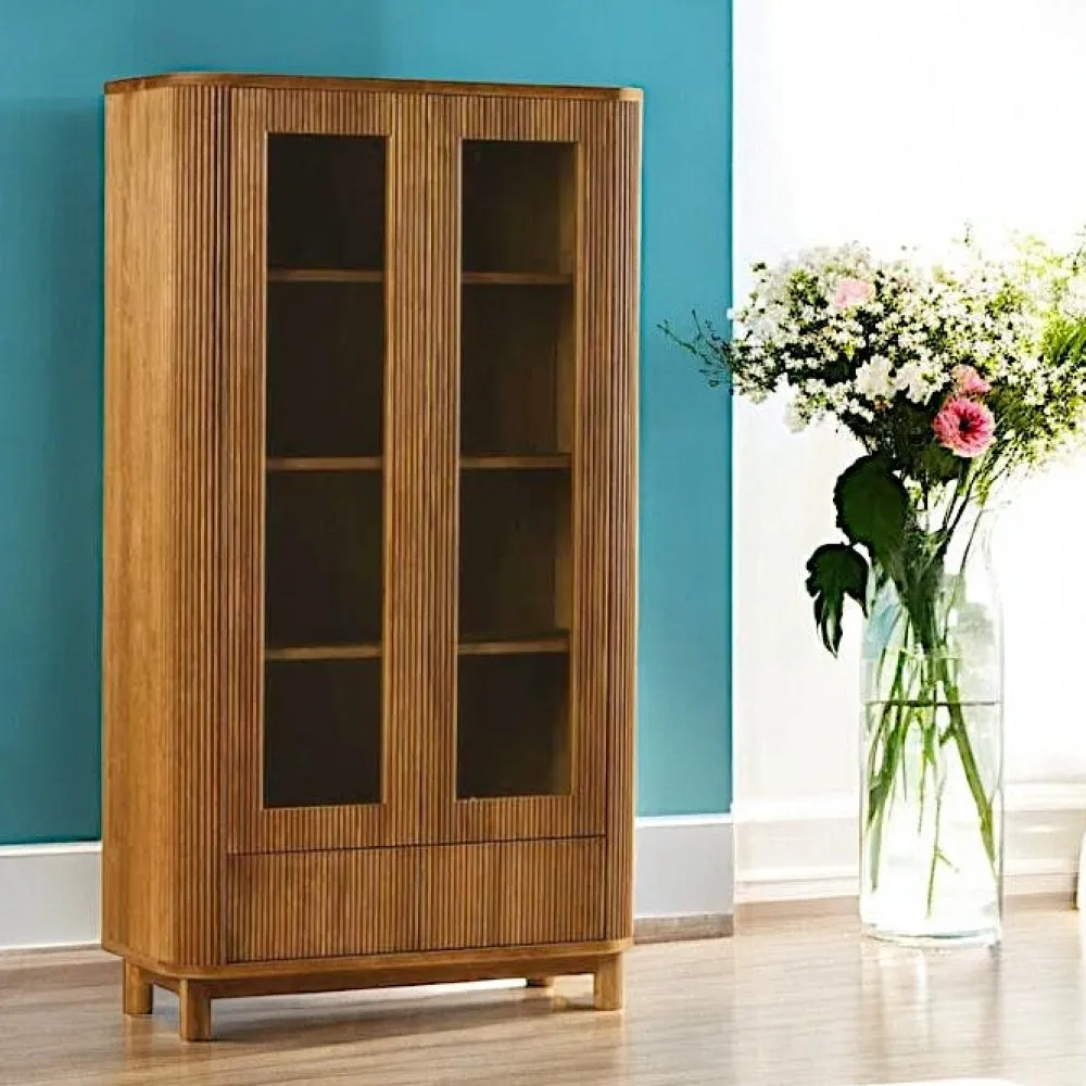 Vaisseliers Contemporains|Vaisseliers Contemporains|IENA Bibliothèque vitrée chêne rainuré 2 portes 2 tiroirs